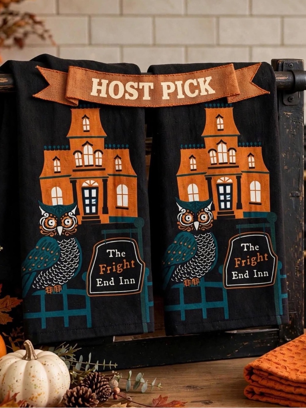 Halloween Dish Towel Bundle Spooky Hotel Owl Decor 4 Piece Set